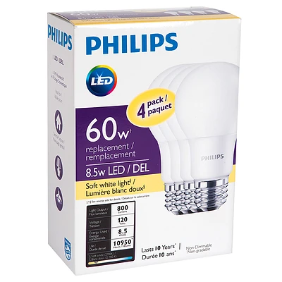 Philips Basic A19 LED Light Bulb - Soft White - 8.5W/4pk