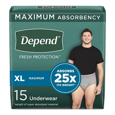Depend Fresh Protection Adult Incontinence Underwear for Men - Grey - Maximum - Extra-Large - 15 Count