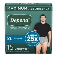 Depend Fresh Protection Adult Incontinence Underwear for Men - Grey - Maximum - Extra-Large - 15 Count