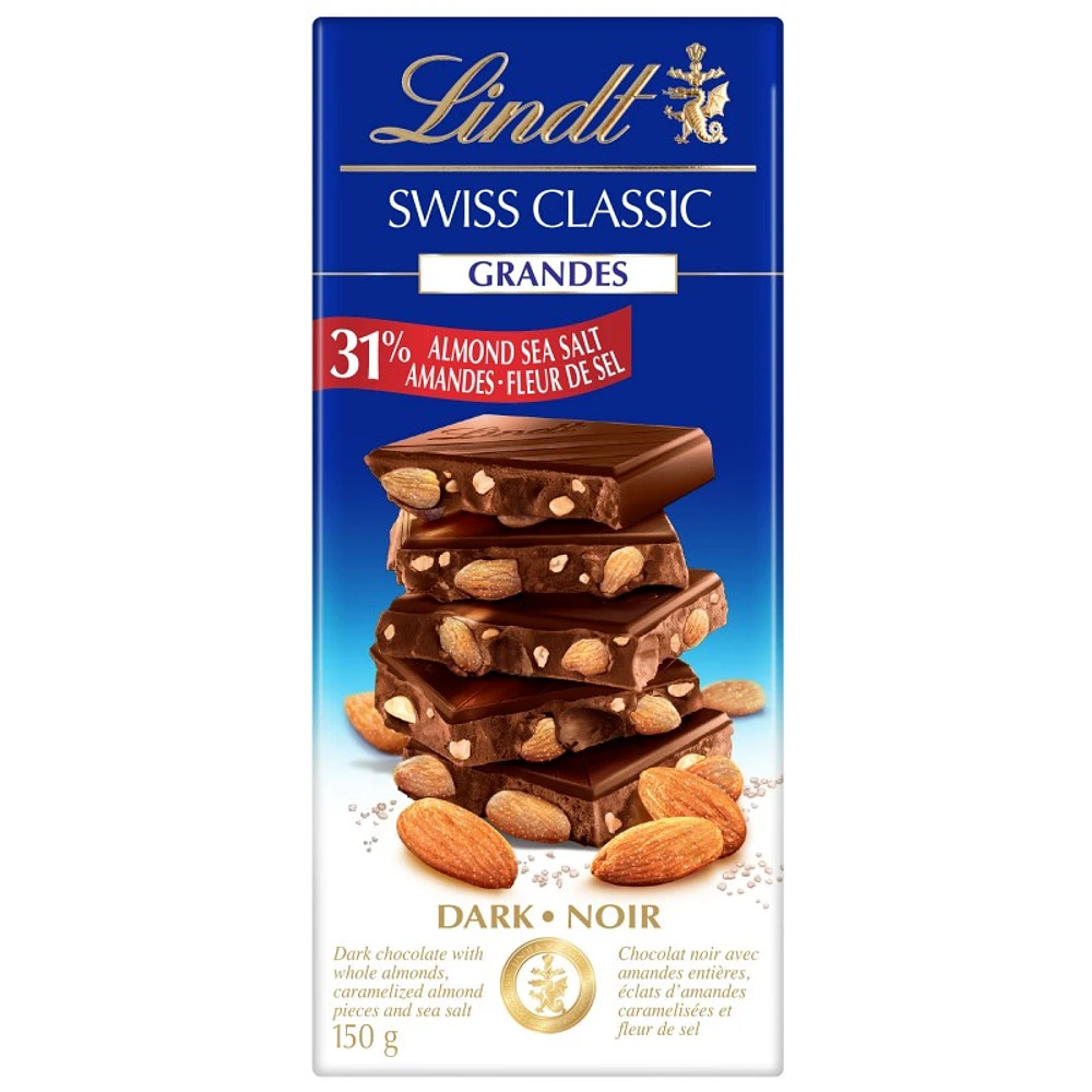 Lindt Swiss Classic Grandes Dark Chocolate Bar - 31% Almond Sea Salt - 150g