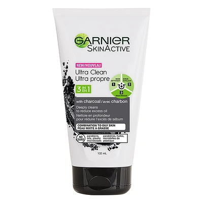 Garnier SkinActive Ultra Clean 3 in 1 Face Wash with Charcoal - 132ml