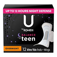 U by Kotex Balance Ultra Thin Overnight Pads with Wings - Teens/12 Count