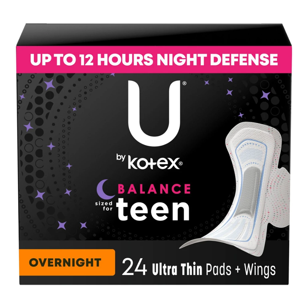 U by Kotex Balance Ultra Thin Overnight Pads with Wings - Teens/24 Count