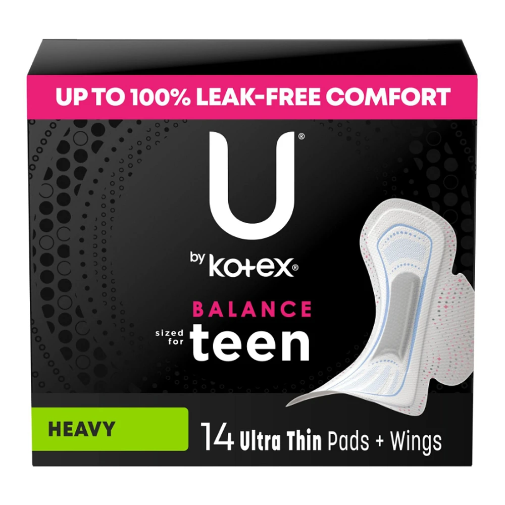 U by Kotex Balance Ultra Thin Pads with Wings - Extra Absorbency - Teens/14 Count