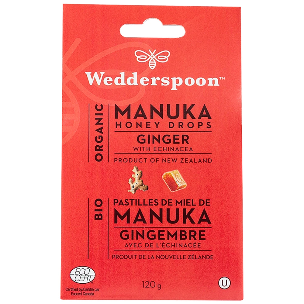 Wedderspoon Organic Manuka Honey Drops- Ginger with Echinacea - 120g