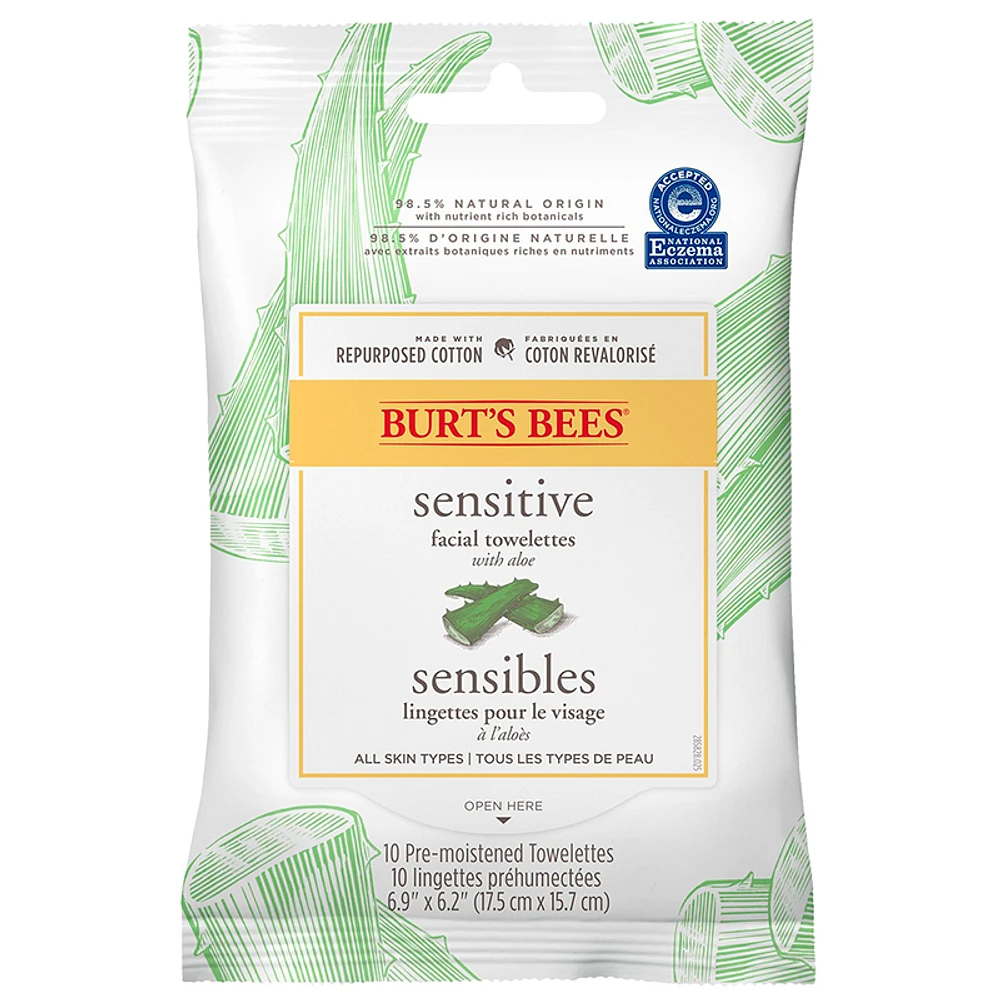 Burt's Bees Sensitive Facial Towelettes with Aloe - 10s