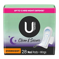 U by Kotex Clean & Secure Maxi Pads with Wings - Overnight - 28 Count