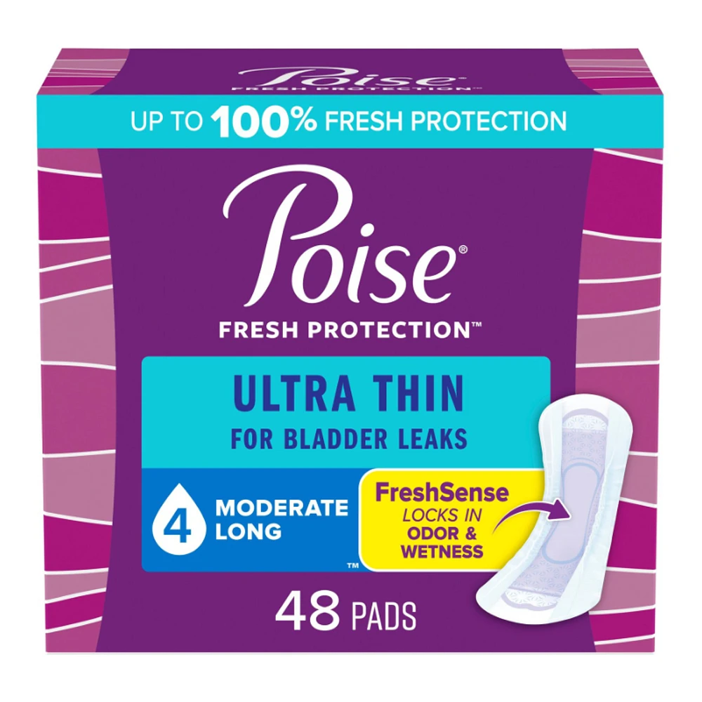 Poise Ultra Thin Incontinence & Postpartum Long Pads - Moderate Absorbency - 48 Count