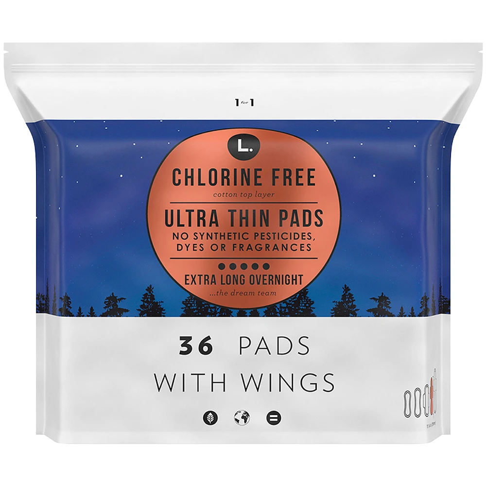 L. Chlorine Free Ultra Thin Pads with Wings Overnight - Extra Long - 36s