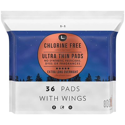 L. Chlorine Free Ultra Thin Pads with Wings Overnight - Extra Long - 36s