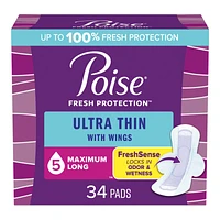 Poise Ultra Thin Long Length Incontinence & Postpartum Pads With Wings - Maxium Absorbency - 34 Count