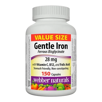 Webber Naturals Value Size Gentle Iron Ferrous Bisglycinate with Vitamin C, B12 and Folic Acid Capsules - 150s