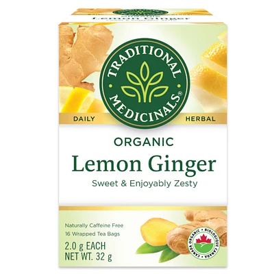 Traditional Medicinals Organic Lemon Ginger Wrapped Tea Bags - Sweet and Enjoyably Zesty - 16s