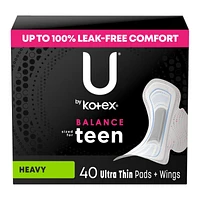 U by Kotex Balance Teen Sanitary Pads - Heavy - 40 Count