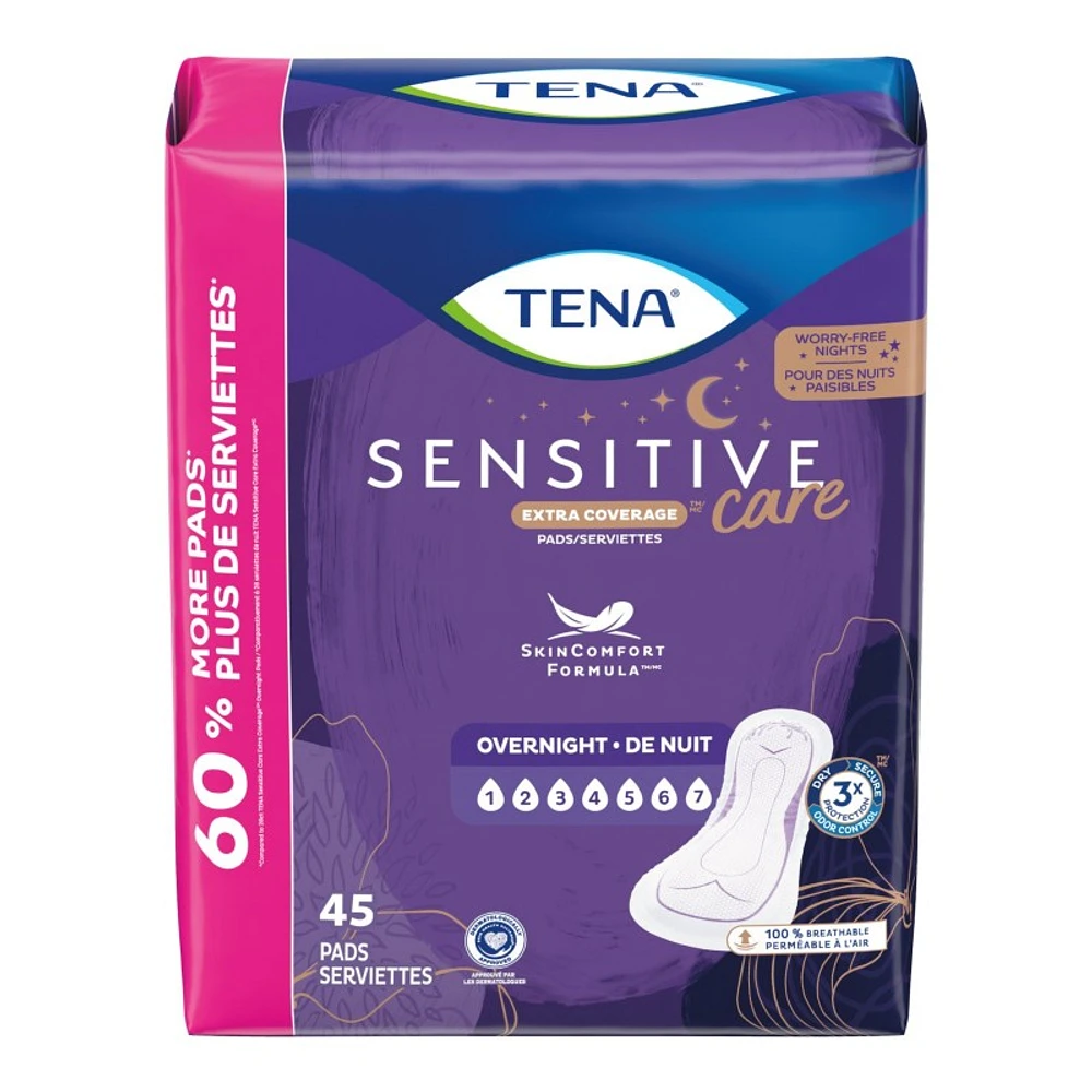 Tena Sensitive Care Extra Coverage Overnight Sanitary Pads - 45's