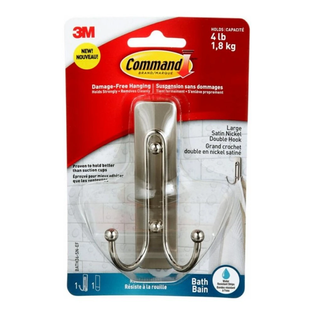 Command Bath Double Hook - Large - Satin Nickel