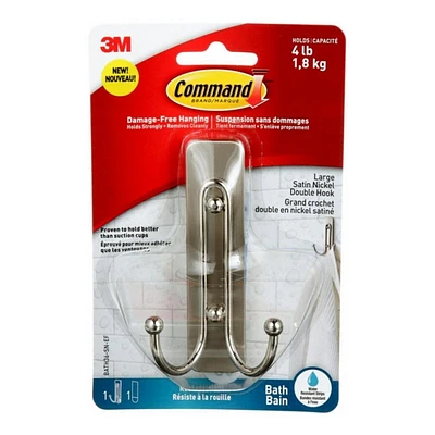 Command Bath Double Hook - Large - Satin Nickel