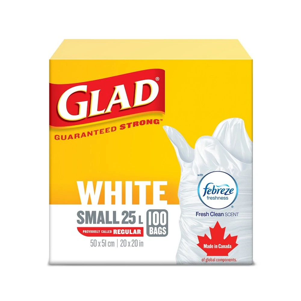 Glad Easy-Tie Small Bags with Febreze Fresh Clean Scent - White - 100s/25L