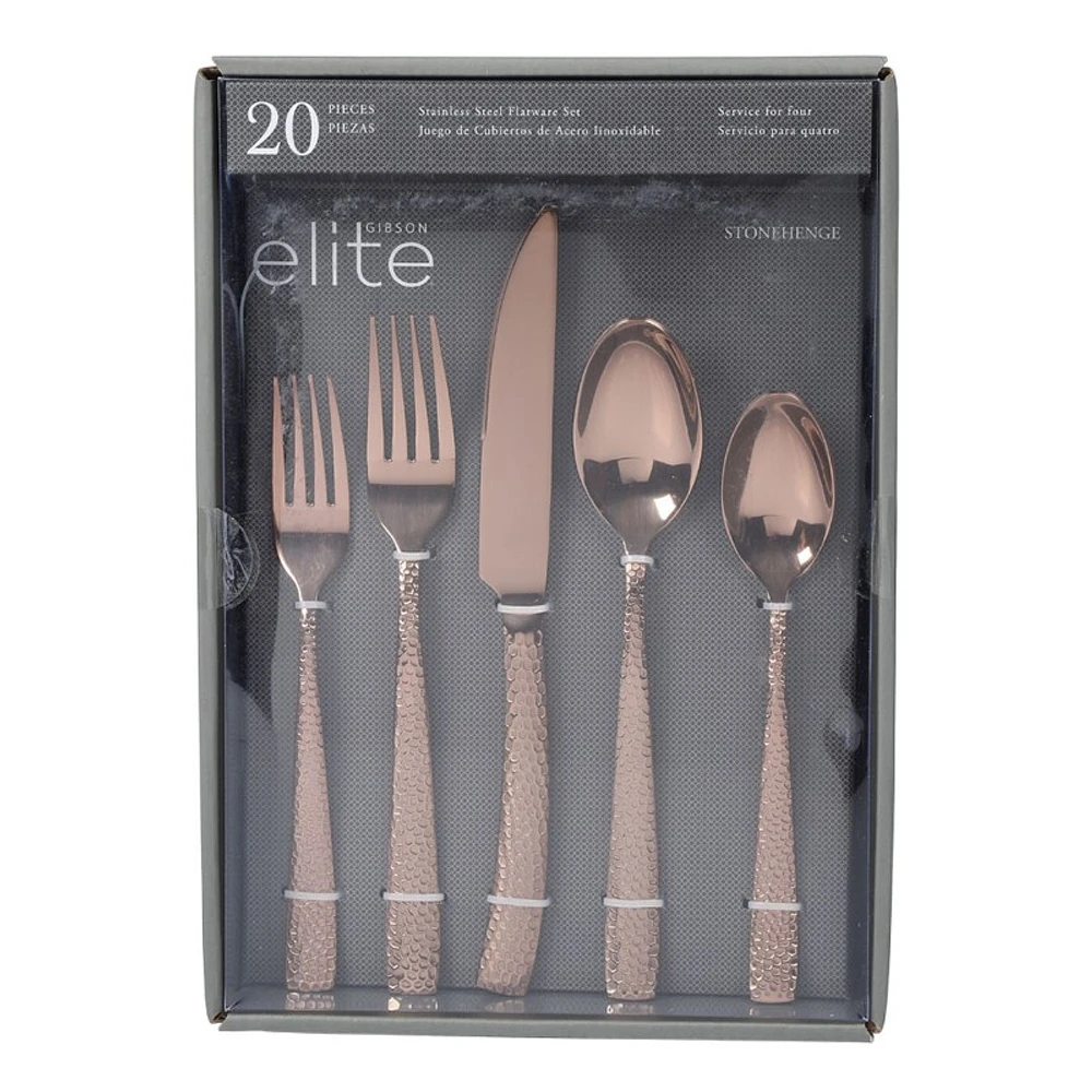 Gibson Elite Stonehenge Flatware Set - Hammered Rose Gold - 20 piece