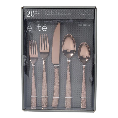 Gibson Elite Stonehenge Flatware Set - Hammered Rose Gold - 20 piece