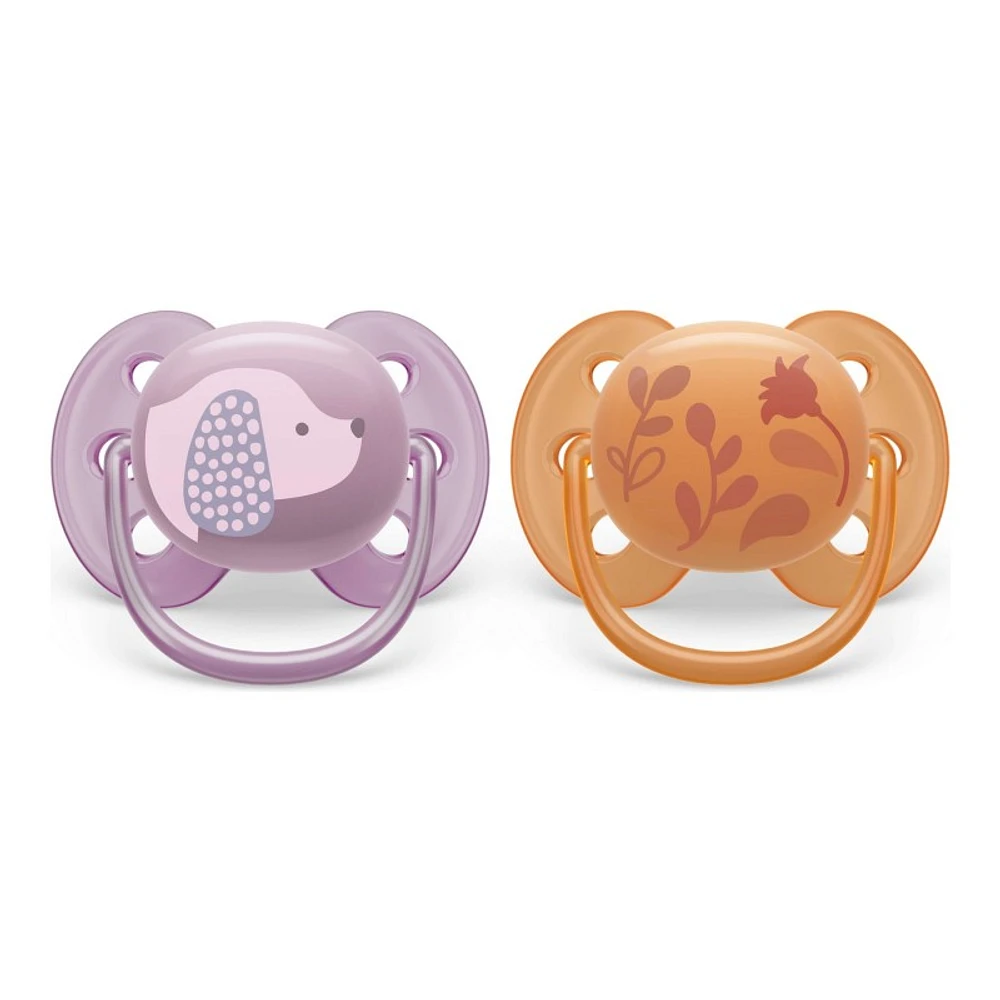 Philips Avent Ultra Soft Pacifier Set - 6-18 Months - Violet Puppy/Orange Leaves - 2 pack