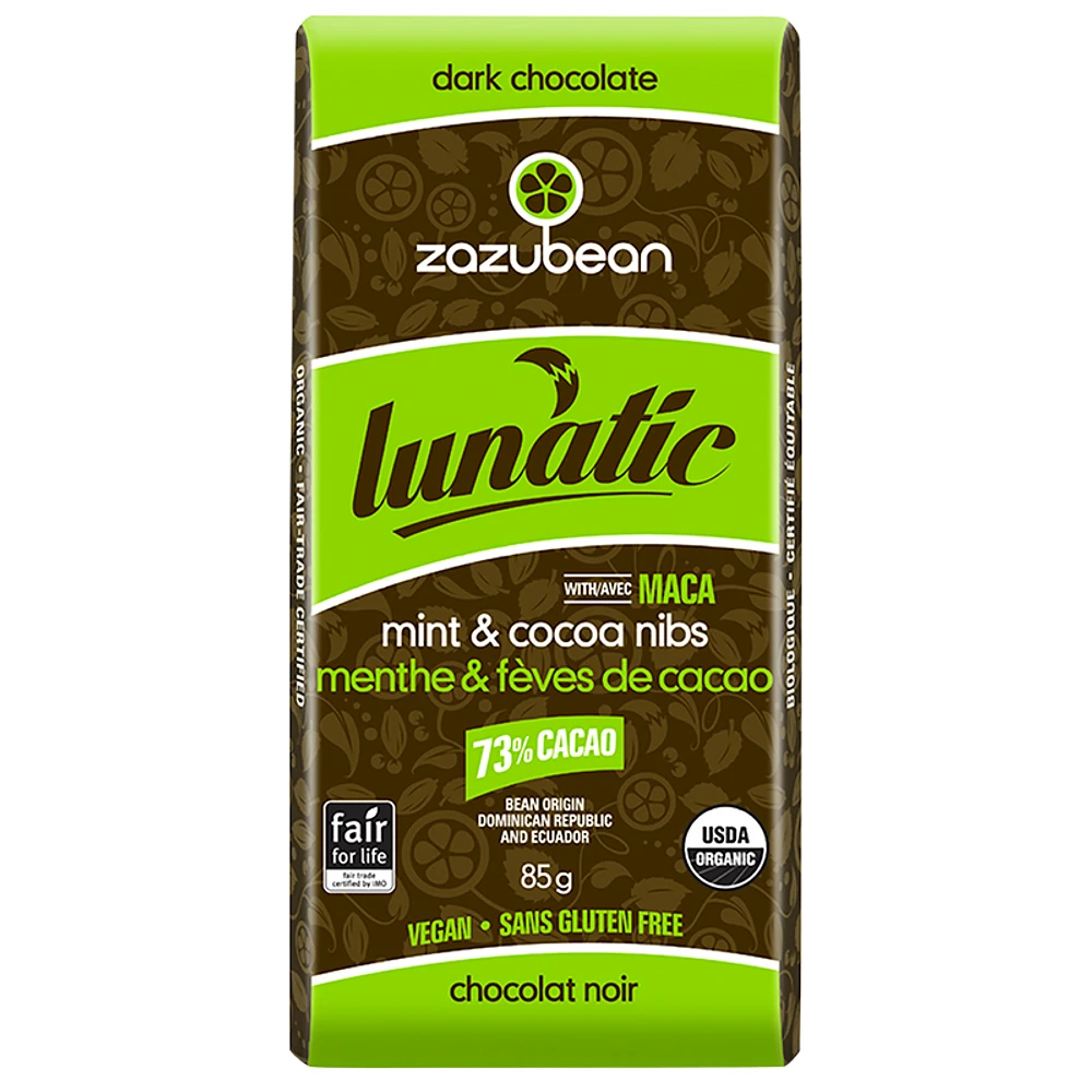 Zazubean Lunatic Dark Chocolate Bar - Mint and Cocoa Nibs - 85g