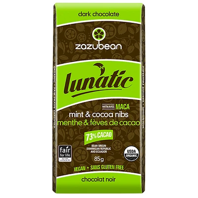 Zazubean Lunatic Dark Chocolate Bar - Mint and Cocoa Nibs - 85g