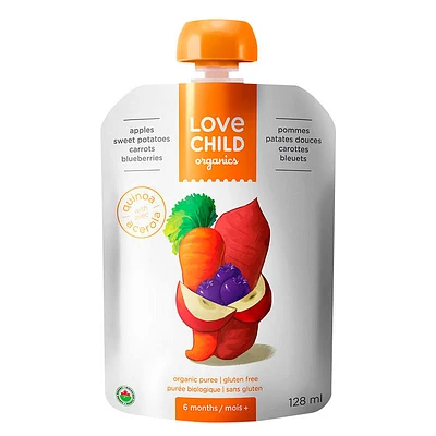 Love Child Organics Puree - Apples, Sweet, Potatoes, Carrots and Blueberries - 128ml