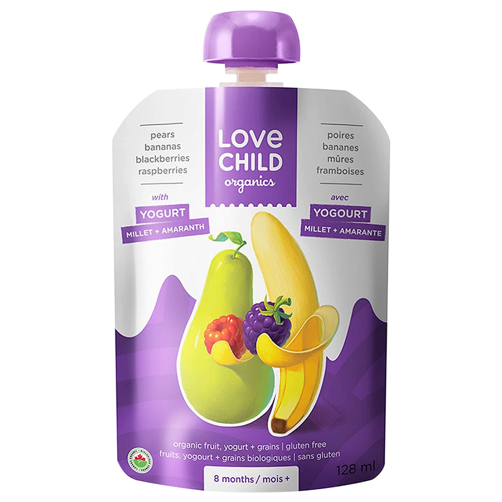 Love Child Organics Puree - Pears, Bananas, Blackberries and Raspberries with Yogurt - 128ml