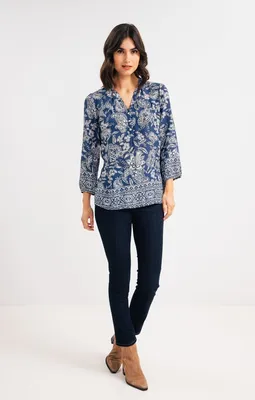 Blouse col froufrou imprimé placé