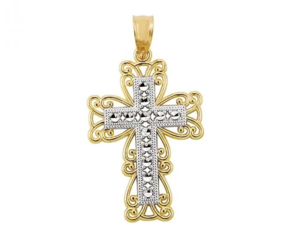 10K Two-Tone Gold Diamond Cut Filigree Cross