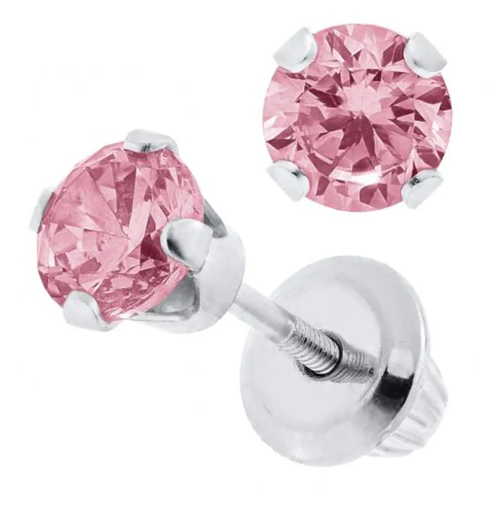 Children's Sterling Silver Pink Cubic Zirconia Safety Back Earrings