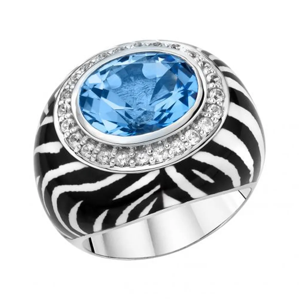 Sterling Silver Blue & White Topaz & Enamel Ring