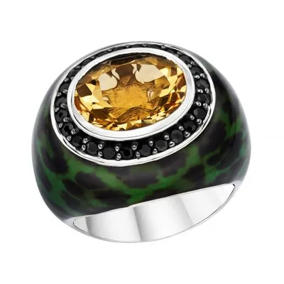 Sterling Silver Onyx, Honey Topaz & Enamel Ring