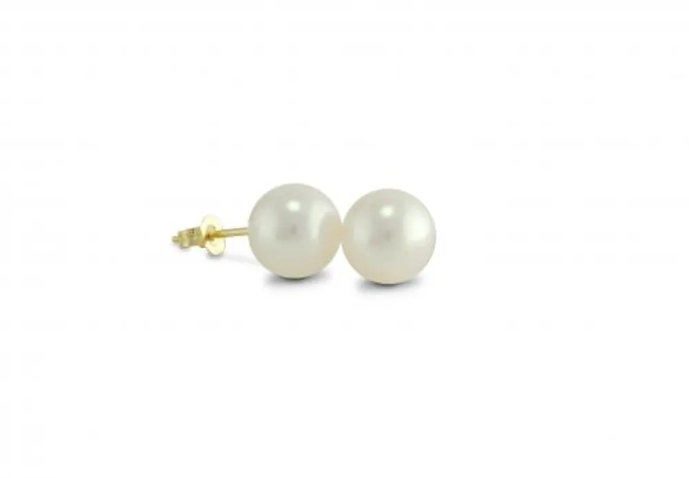 Yellow Gold 7-7.5mm White Cultured Pearl Earrings