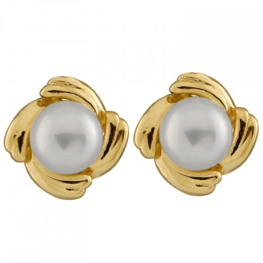 Sweeping Yellow Gold Pearl Stud Earrings