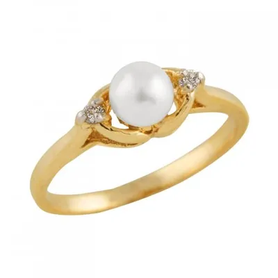 10K Yellow Gold Freshwater White Pearl and Diamond Ring
