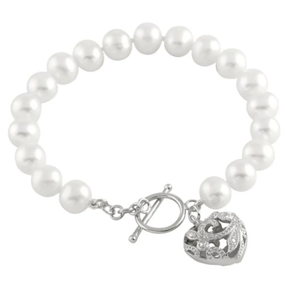 Sterling Silver Heart Charm Pearl Bracelet