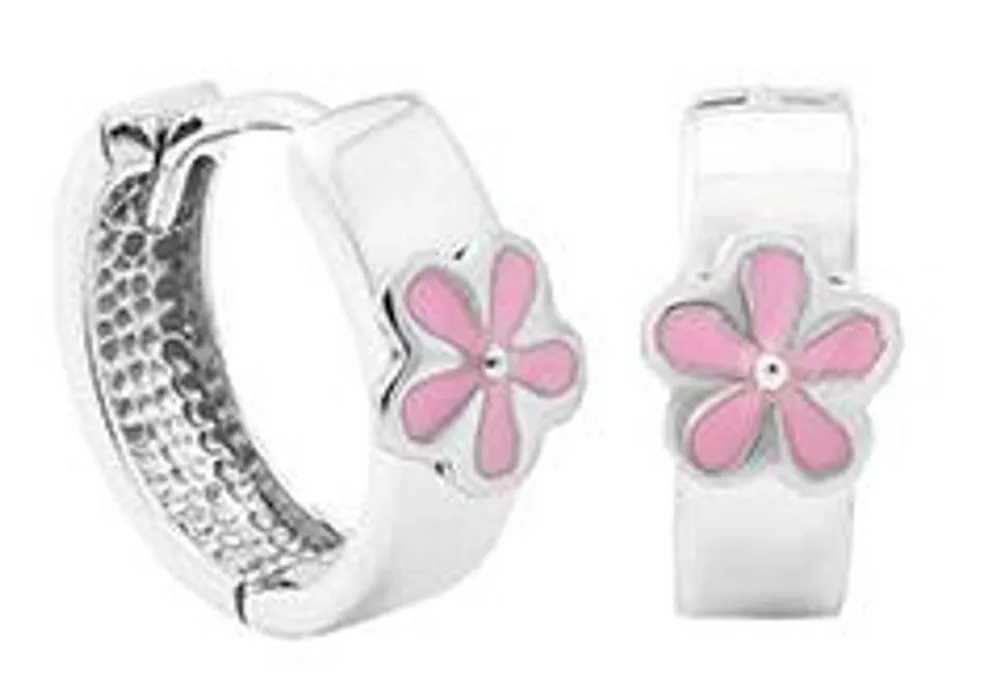 Children's Sterling Silver Pink Flower Huggie Earrings