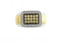 Sterling Silver 14k Gold Plated Champagne & White Diamond Men's Ring