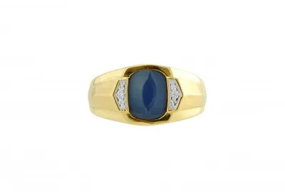 10K Yellow Gold Created Blue Star Sapphire and Diamond Men's Ring