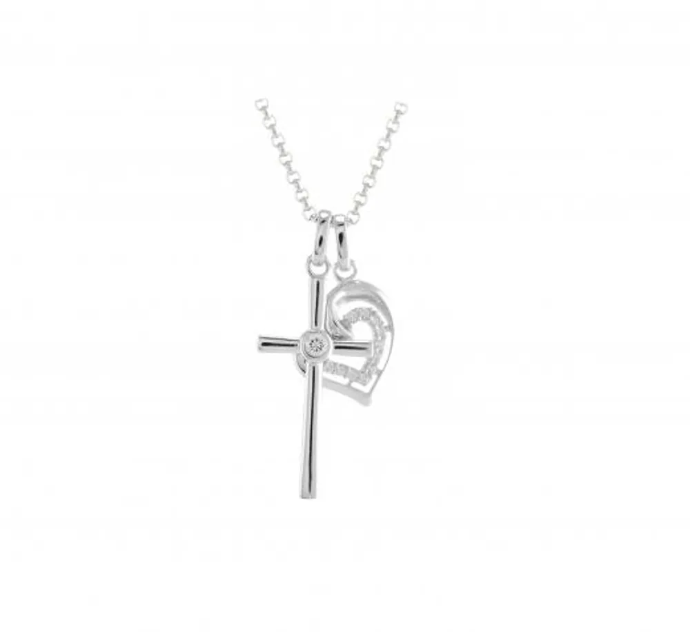 Sterling Silver Cubic Zirconia Cross & Heart 19" Pendant