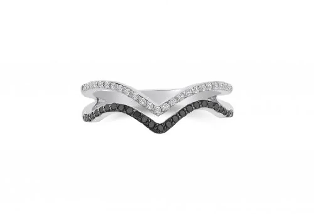 Sterling Silver Double " V" Midnight Diamond Ring