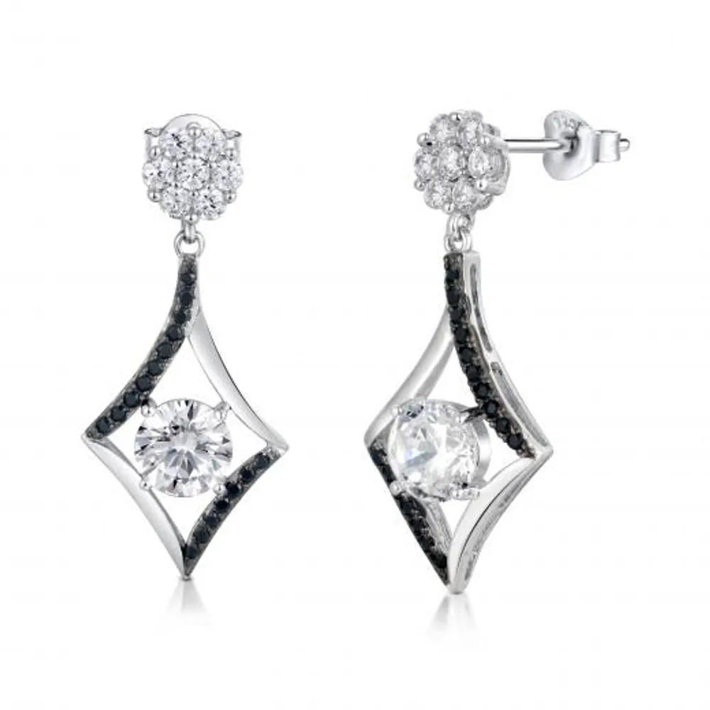 Sterling Silver Black & White Cubic Zirconia Drop Earrings