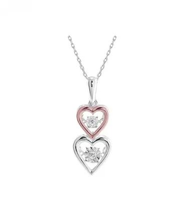 Sterling Silver & Rose Gold Double Heart Dancing Diamond Pendant