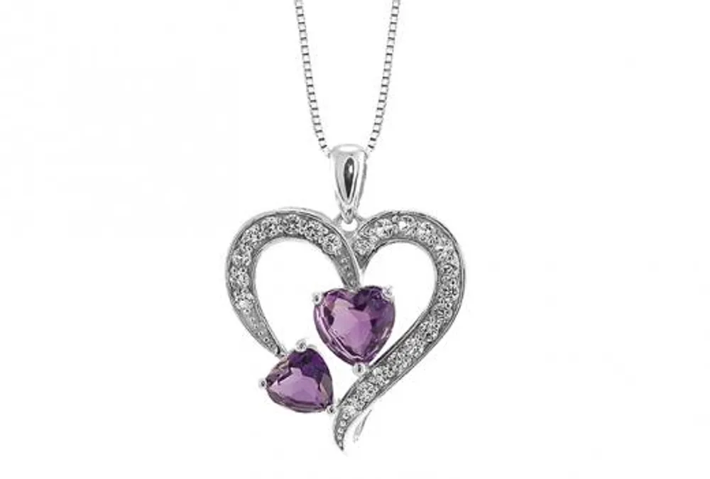 Sterling Silver Double Heart Amethyst & Created White Sapphire Pendant