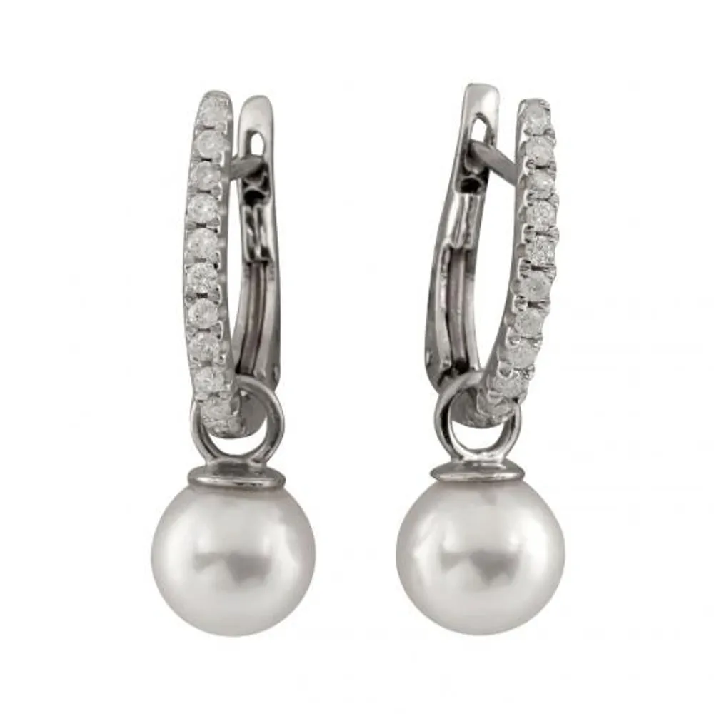 14K White Gold 0.22CTW Diamond and 7.0-7.5mm Akoya Pearl Earrings