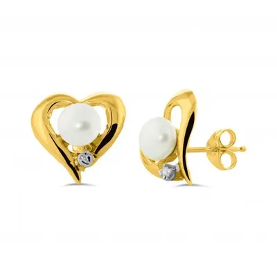 10K Yellow Gold Freshwater Pearl Diamond Earrings 5-6mm