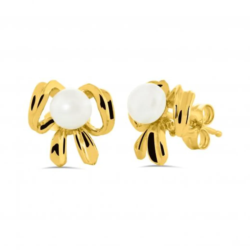 10K Yellow Gold Freshwater Pearl Bow Earrings 4-5mm