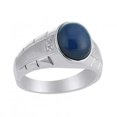 Sterling Silver Created Blue Star Sapphire & Diamond Ring
